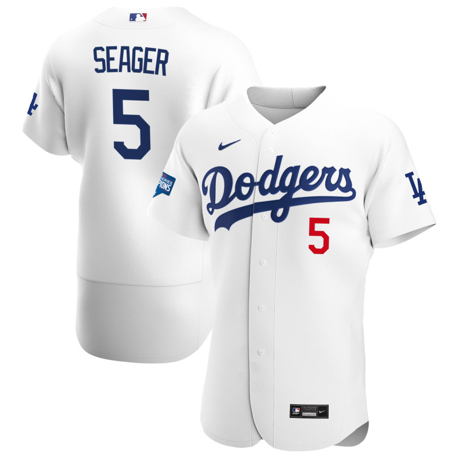 Men's Los Angeles Dodgers #5 Corey Seager 2020 White World Series Champions Patch Sttiched Jersey